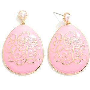 Pink Enamel Coated Happy Easter Egg Drop Earrings With Pearl Post